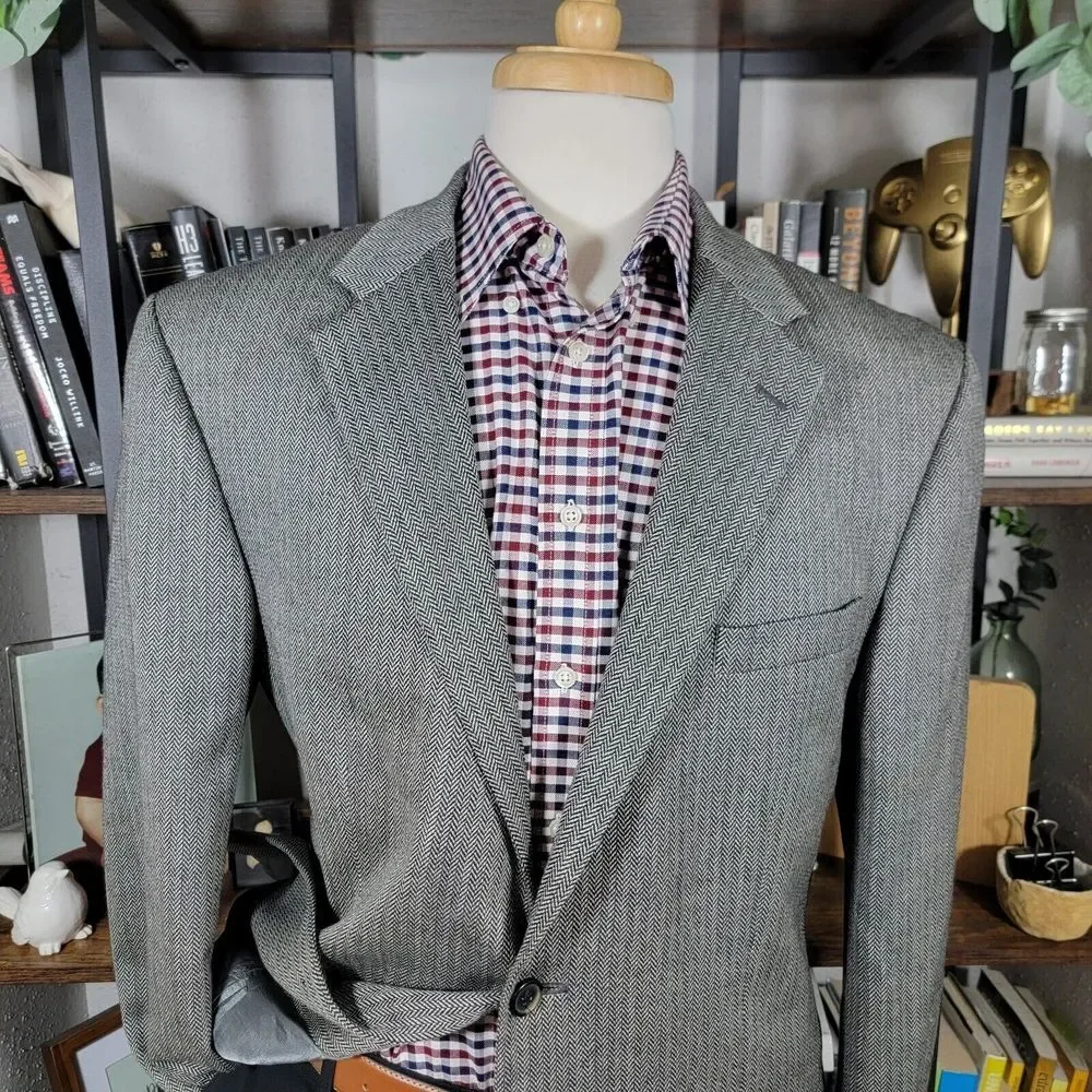 Nautica Men's Sport Coat Blazer Two Button Gray Herringbone Lambs Wool Blend 44L
